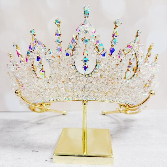 Gold Princess Crown, Prom headpiece, Bridal tiara, Diamond Crystal wedding crown